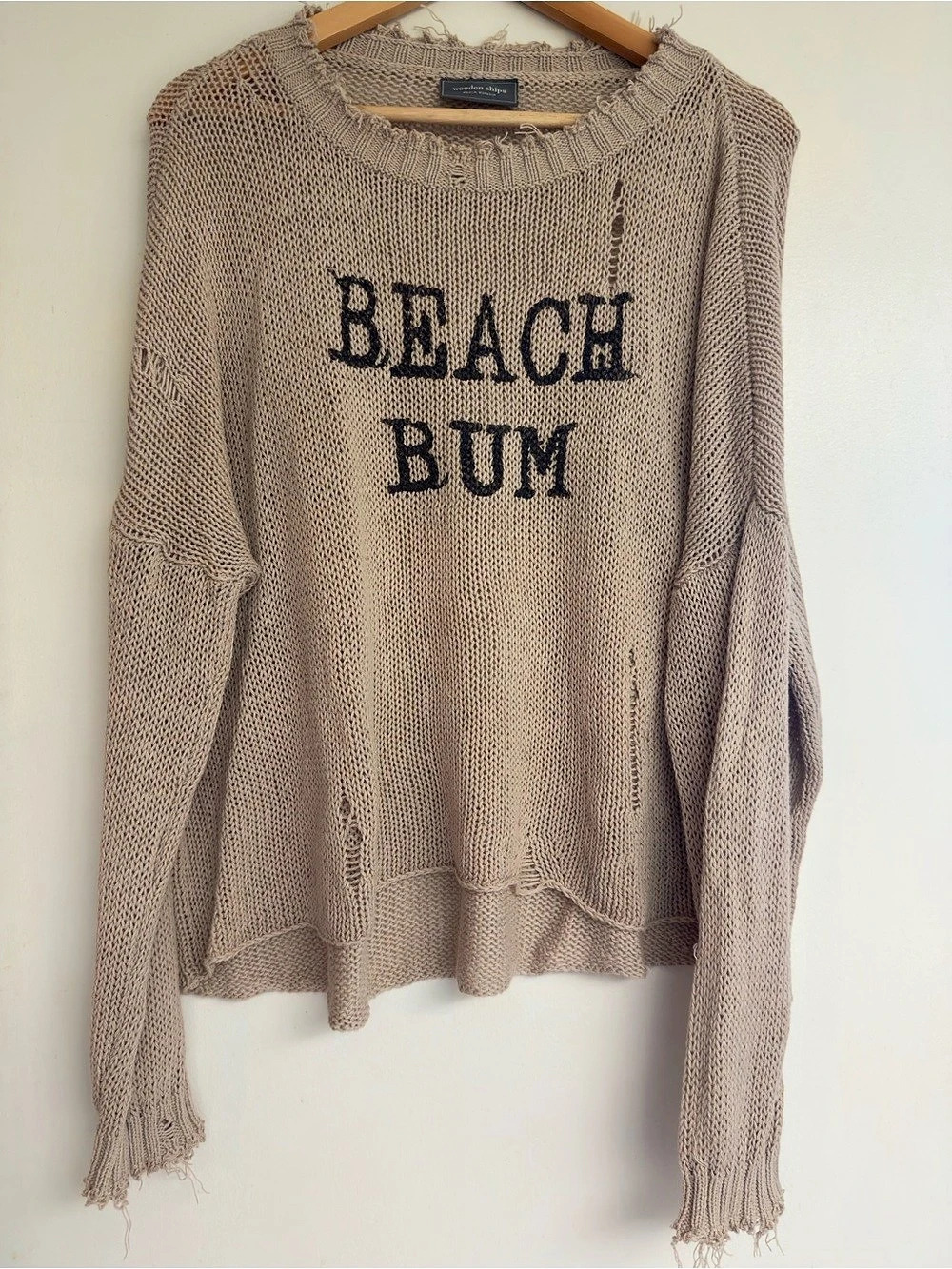 Wooden Ships Beach Bum Printed Distressed Crew Cotton Sweater in Brown